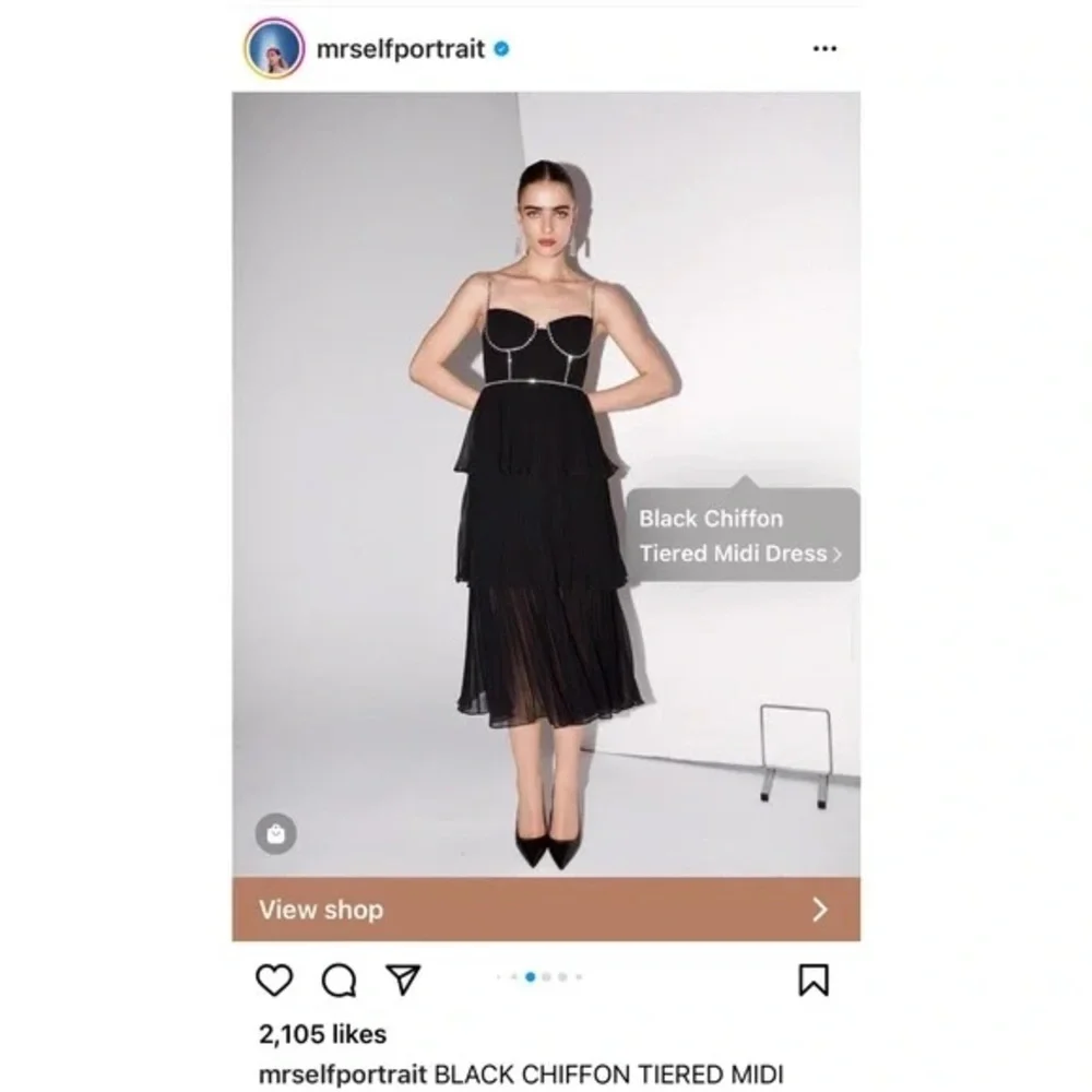 Self Portrait Black Chiffon Tiered Dress with Rhinestones - Picture 2 of 7